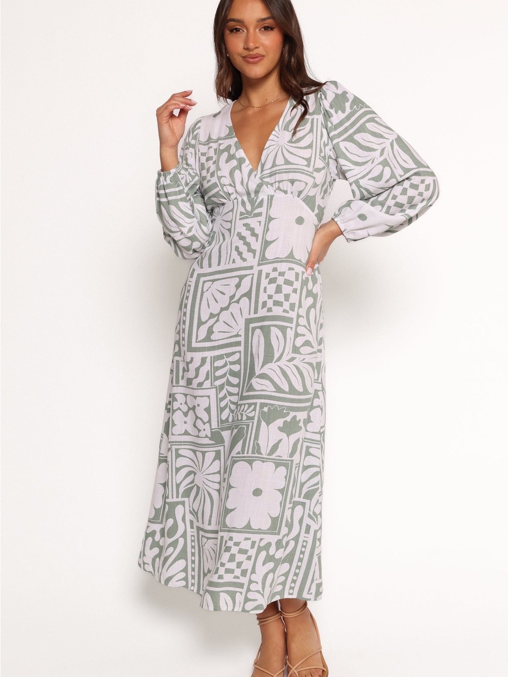 Petal & Pup Kolby Long Sleeve Midi Dress Light Green & White Printed Maxi Dress - Picture 3 of 11